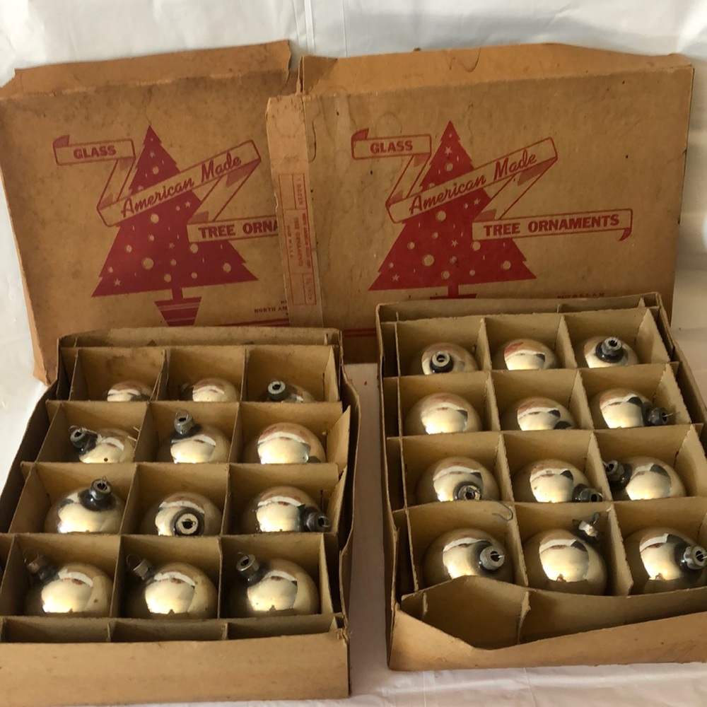 silver mercury glass tree ornaments mid century NY USA 24 in original boxes